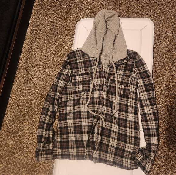 Buckle Tops - Plaid Hoodie Shirt with Gray Hood